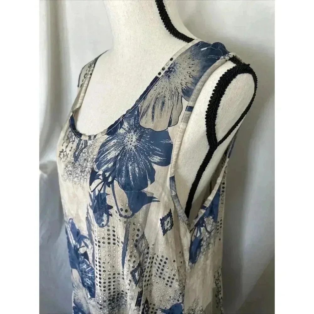 Lagenlook Bella Amore Italy Tunic Top Blue Beige Floral Hankie Hem Layering Sz S - Picture 2 of 10